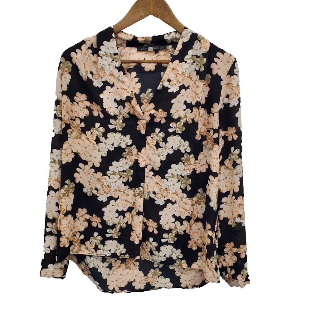 Rose & Olive Womens Floral Pullover Long Sleeve Top Blouse Size M Peach Black